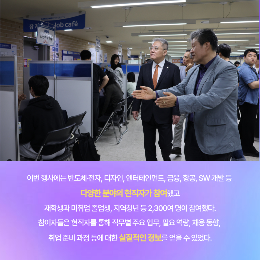 이번 행사에는 반도체&middot;전자, 디자인, 엔터테인먼트, 금융, 항공, SW 개발 등  다양한 분야의 현직자가 참여했고 재학생과 미취업 졸업생, 지역청년 등 2,300여 명이 참여했다. 참여자들은 현직자를 통해 직무별 주요 업무, 필요 역량, 채용 동향,  취업 준비 과정 등에 대한 실질적인 정보를 얻을 수 있었다.