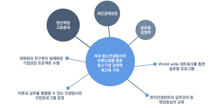 국내 중소컨설팅사의 브랜드화를 통한 중소기업 경쟁력 제고에 기여 - 쳥년취업고용증대, 국민경제성장, 글로벌 경쟁력, 대학원과 연구원이 일체화된 기업성장 프로젝트 수행, 이론과 실무를 병행할 수 있는 컨설팅사와 인턴프로그램 운영, World Wide 네트워크를 통한 글로벌 프로그램, 현직컨설턴트의 실무강의 등 현장중심의 교육