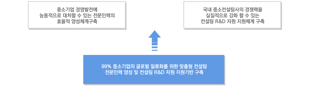 중소기업 경영발전에 능동적으로 대처할 수 있는 전문인력의 효율적 양성체계구축, 국내 중소컨설팅사의 경쟁력을 실직적으로 강화할 수 있는 컨설팅 R&D 자원 지원체계 구축 → 99% 중소기업으 글로벌 일류화를 위한 맞춤형 컨설팅, 전문인력 양성 및 컨설팅 R&D 자원 지원기반 구축